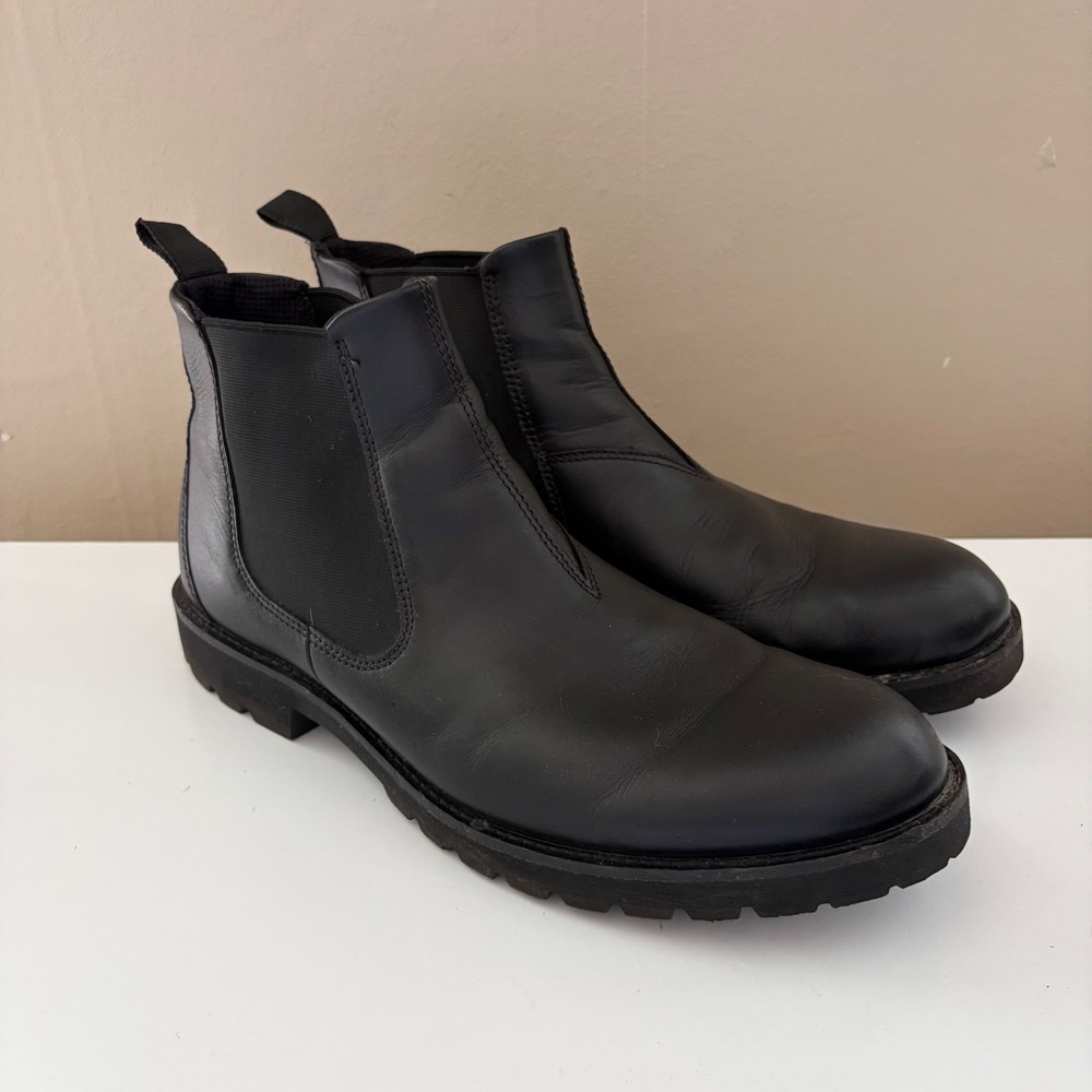 Ecco Mens Leather Chelsea Boots Size EU 47 Black Lug Sole Old Money Pull On Punk